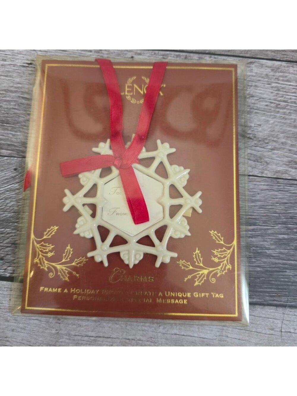 Lenox Snowflake Porcelain Holiday Photo Frame Ornament With Red Ribbon & Gift Ta
